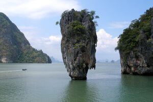Khao Tapu has prominent limestone rocks rising dramatically from the sea.